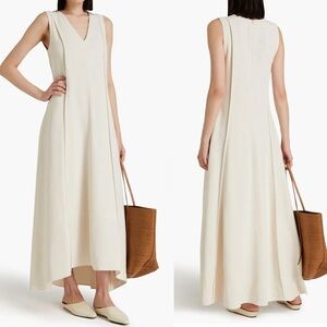 BRUNELLO CUCINELLI Darted Pleated Silk Crepe V Neck Sleeveless Shift Maxi Dress